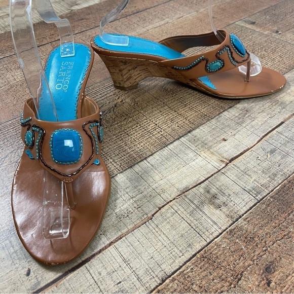 Franco Sarto Fatima 9.5 Wedge Sandal Heel Turquoise Vacation Island Summer - Picture 1 of 10
